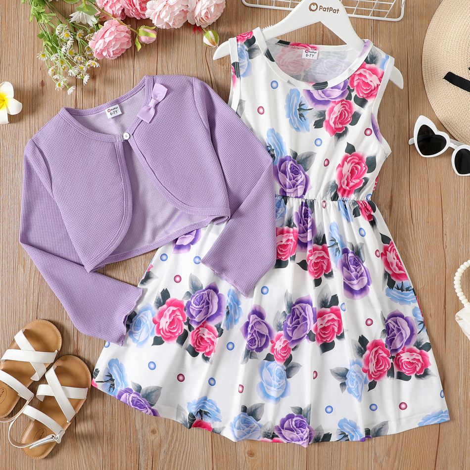 2pcs Kid Girl Floral Print Sleeveless Dress and Long-sleeve Purple Bowknot Design Cardigan Set Purple