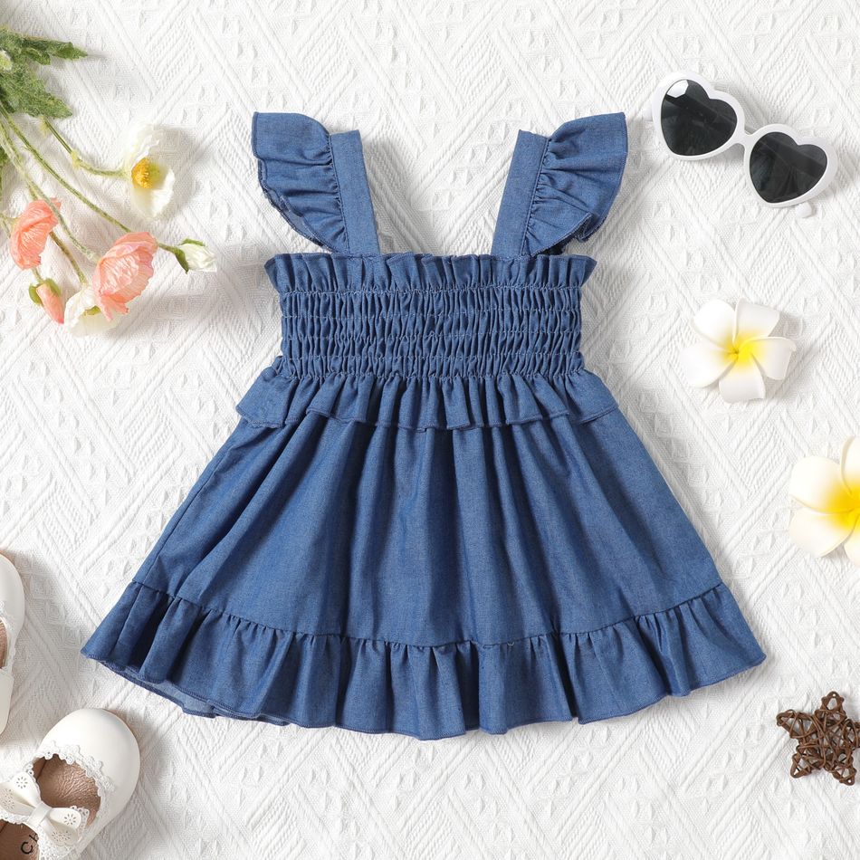 Baby Girl Solid Imitation Denim Ruffle Trim Shirred Flutter-sleeve Dress DENIMBLUE