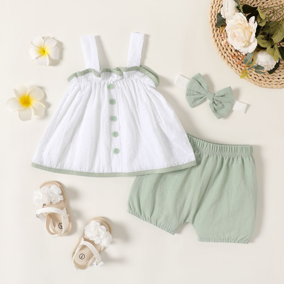 Touch The Clouds Baby Girl 100% Cotton 3pcs Jacquard Sleeveless White Top and Green Shorts with Headband Set White big image 1