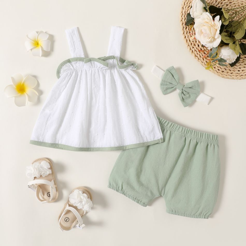 Touch The Clouds Baby Girl 100% Cotton 3pcs Jacquard Sleeveless White Top and Green Shorts with Headband Set White big image 2