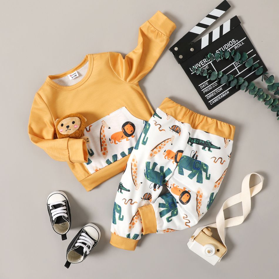 2pcs Baby Girl Allover Cartoon Animal Print Long-sleeve Sweatshirt and Pants Set Color block