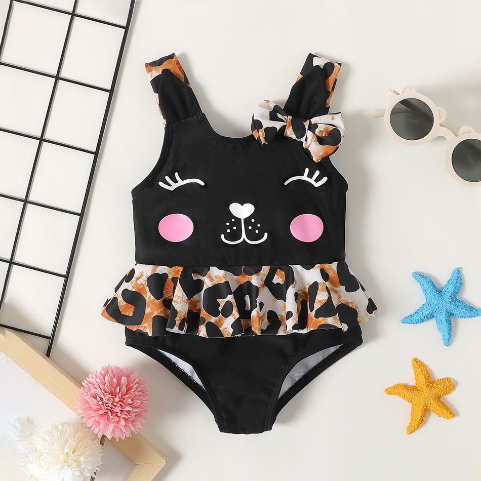 Baby Girl Leopard Bowknot Detail Ruffle Trim Spliced Cartoon Print One-Piece Swimsuit BlackandWhite big image 1