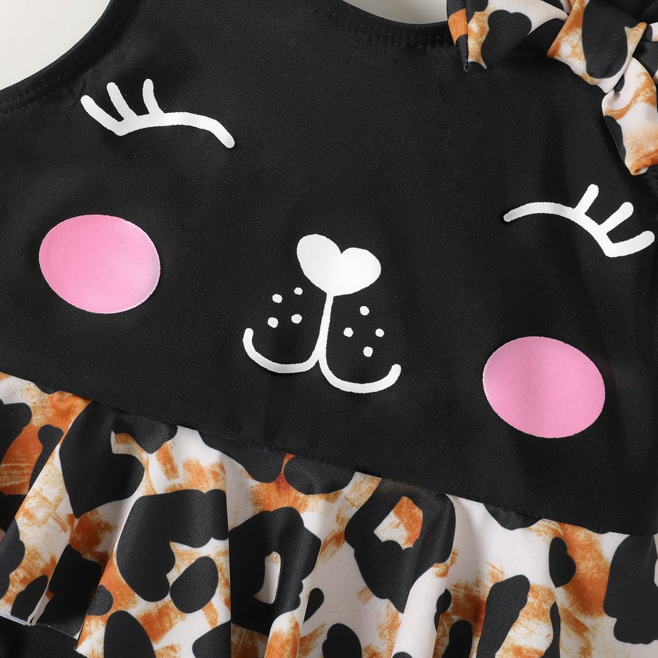 Baby Girl Leopard Bowknot Detail Ruffle Trim Spliced Cartoon Print One-Piece Swimsuit BlackandWhite big image 4