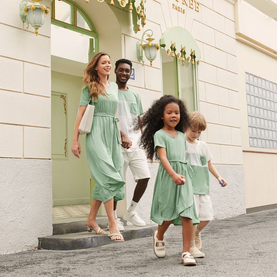 Family Matching Green Short-sleeve Tulip-Hem Dresses and Colorblock T-shirts Sets Mint Green big image 5