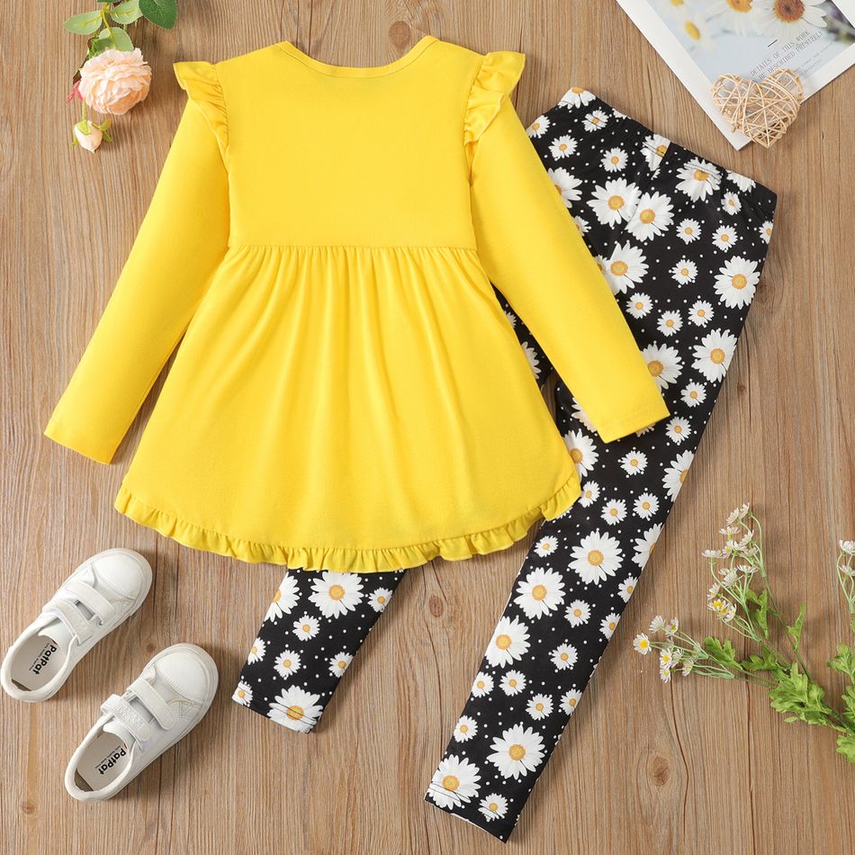 2pcs Kid Girl Ruffled Bowknot Design High Low Long-sleeve Tee and Floral Print Leggings Set Yellow big image 6