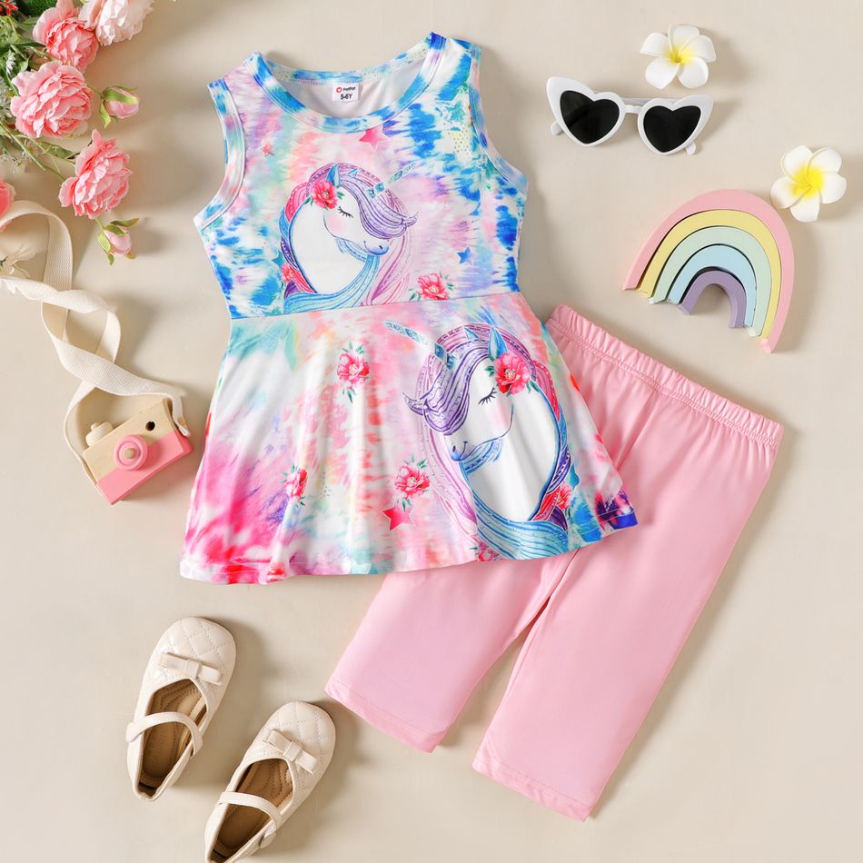2pcs Kid Girl Unicorn Print Tie Dyed Sleeveless Tee and Pink Knee Length Shorts Set Pink