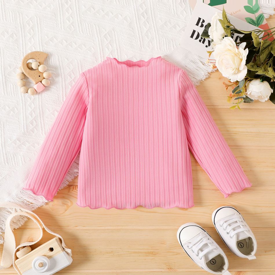 Baby Girl Solid Rib Knit Lettuce Trim Long-sleeve Top Pink big image 1