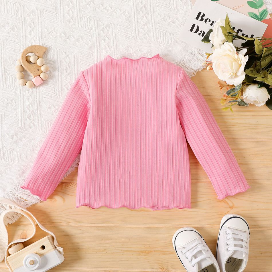 Baby Girl Solid Rib Knit Lettuce Trim Long-sleeve Top Pink big image 3