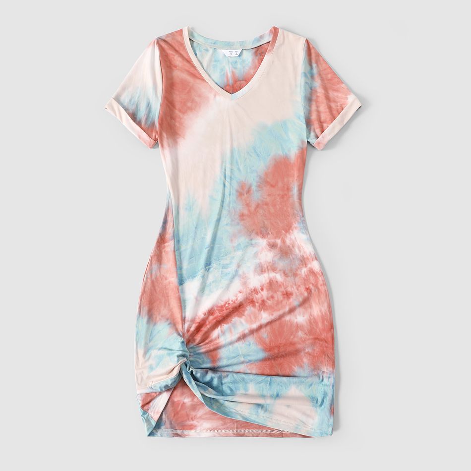 Family Matching Tie Dye Short-sleeve Twist Knot Bodycon Dresses and T-shirts Sets Colorful big image 2