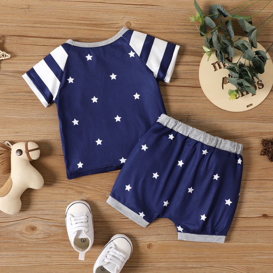 2pcs Baby Boy Allover Stars & Striped Short-sleeve Spliced T-shirt and Shorts Set Color block big image 2