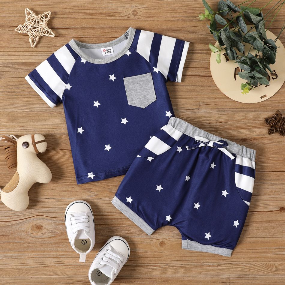 2pcs Baby Boy Allover Stars & Striped Short-sleeve Spliced T-shirt and Shorts Set Color block big image 1