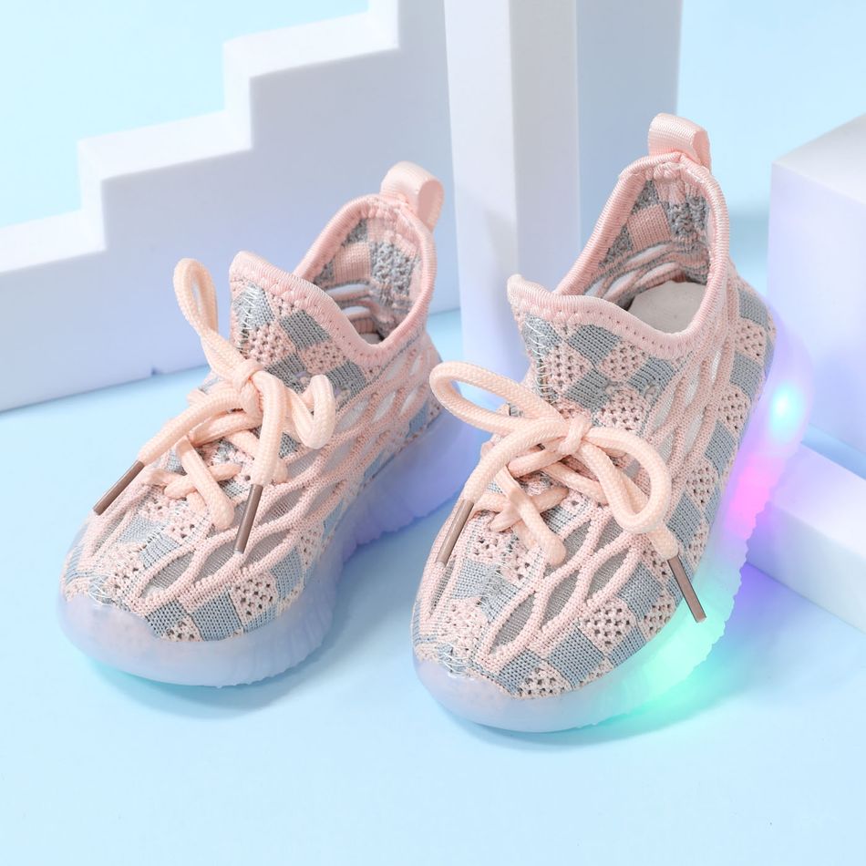 Toddler / Kid Lace Up LED Flying Woven Sneakers Pink big image 1