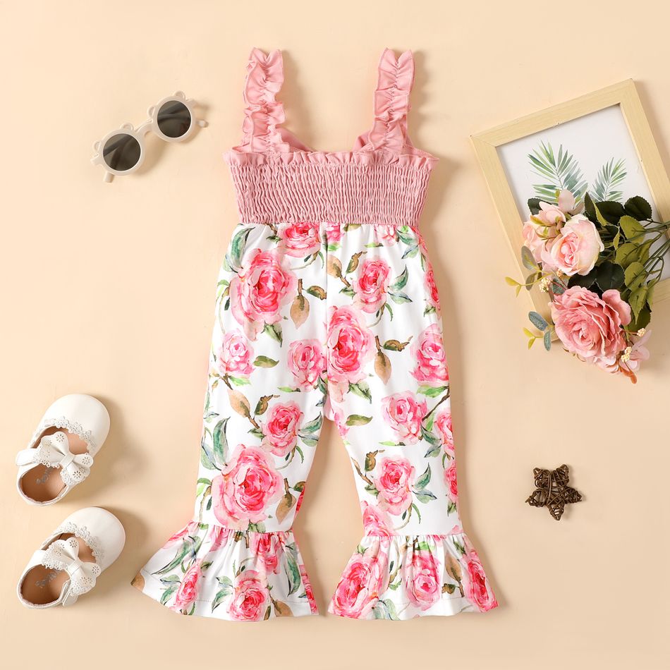 Baby Girl Ruffle Spaghetti Strap Hollow Out Bowknot Splicing Floral Print Bell Bottom Jumpsuit Pink big image 2