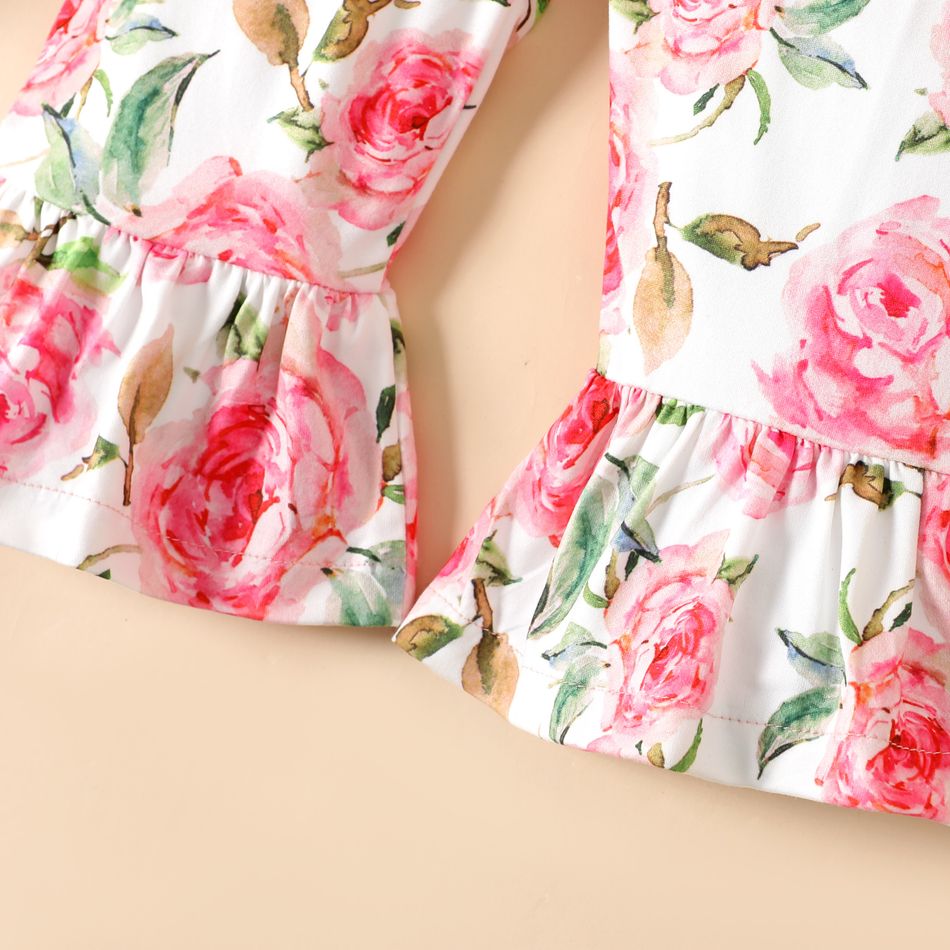 Baby Girl Ruffle Spaghetti Strap Hollow Out Bowknot Splicing Floral Print Bell Bottom Jumpsuit Pink big image 5
