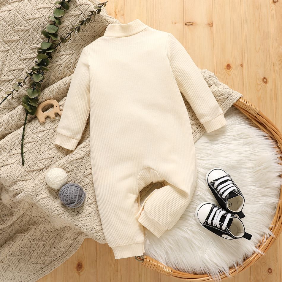 Baby Boy/Girl Solid Rib Knit Mock Neck Long-sleeve Jumpsuit with Pocket Apricot big image 3