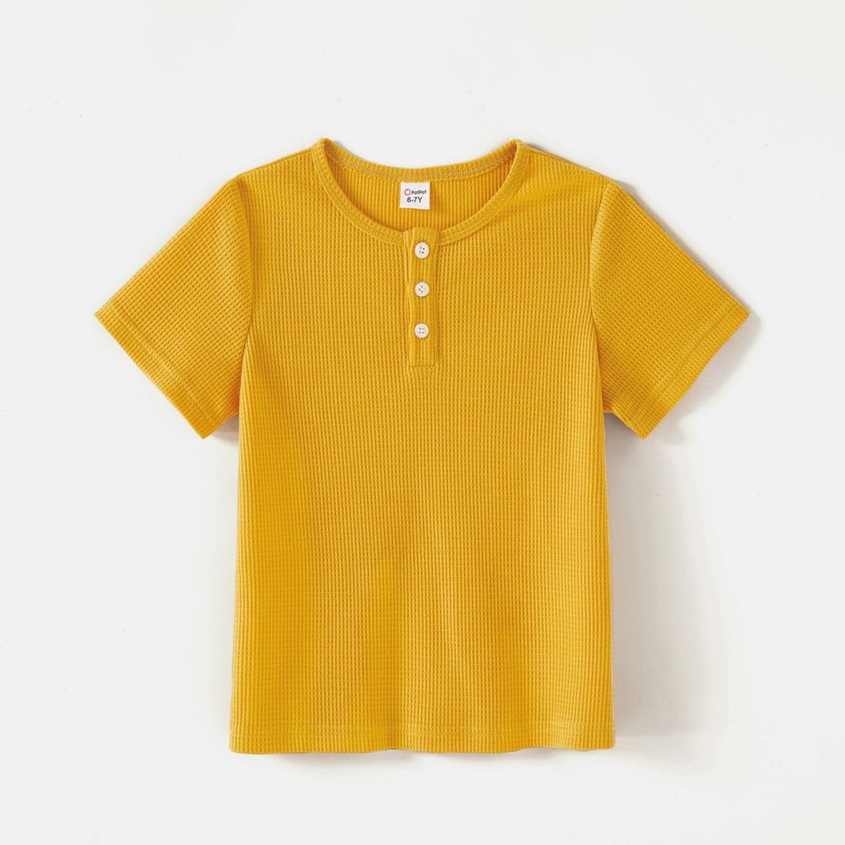 Kid Boy Solid Color Waffle Button Design Henley Shirt Yellow