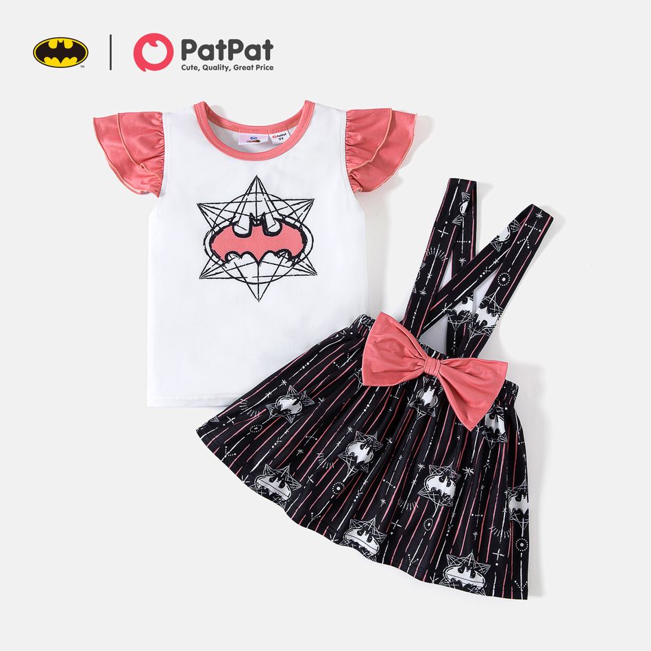 Batman 2pcs Toddler Girl Flutter-sleeve/Ruffled Short-sleeve Tee and Bowknot Design Suspender/ Paperbag Skirt Set Black big image 1