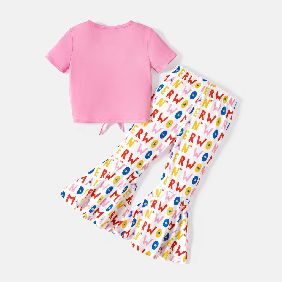 Wonder Woman 2pcs Toddler Girl Letter Print Short-sleeve Pink Tee and Allover Print Flared Pants Set Pink big image 2