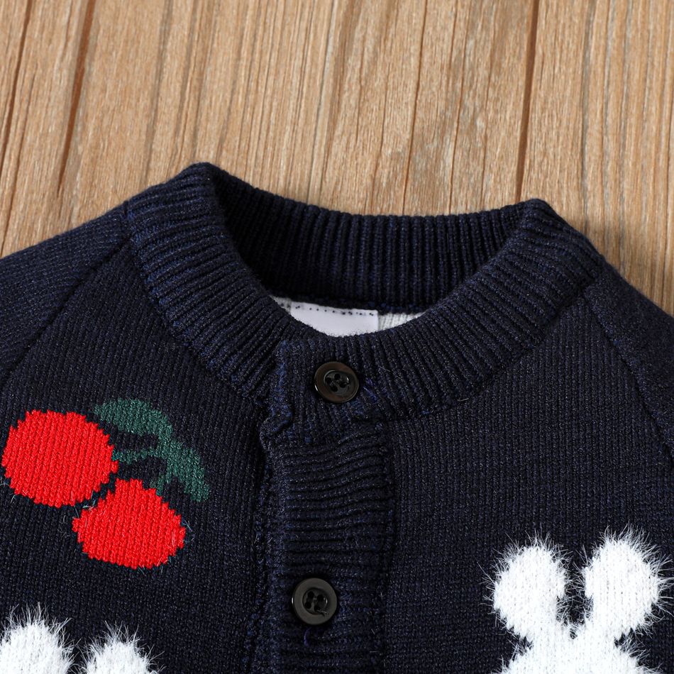 Toddler Girl Cherry Rabbit Pattern Button Design Knit Sweater Deep Blue big image 3
