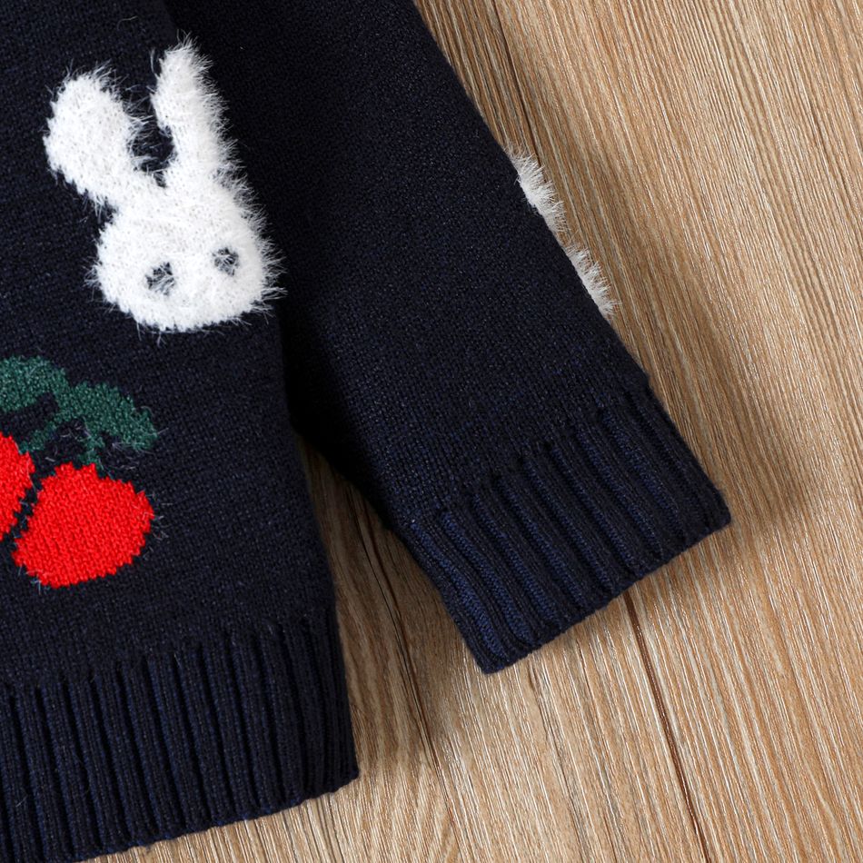 Toddler Girl Cherry Rabbit Pattern Button Design Knit Sweater Deep Blue big image 5