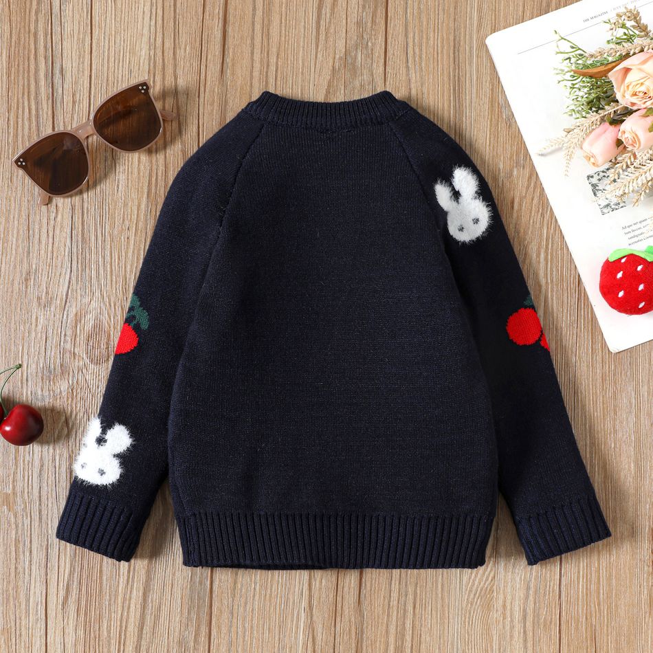 Toddler Girl Cherry Rabbit Pattern Button Design Knit Sweater Deep Blue big image 2