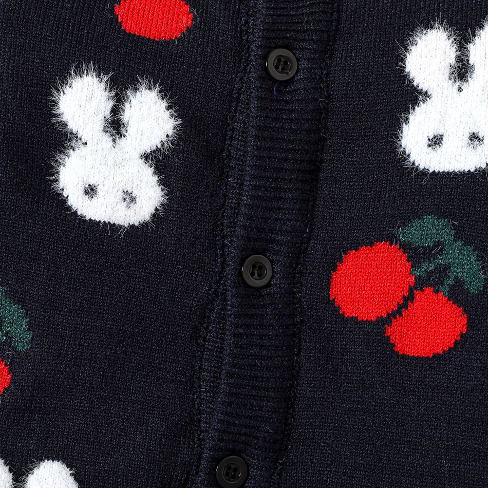 Toddler Girl Cherry Rabbit Pattern Button Design Knit Sweater Deep Blue big image 4