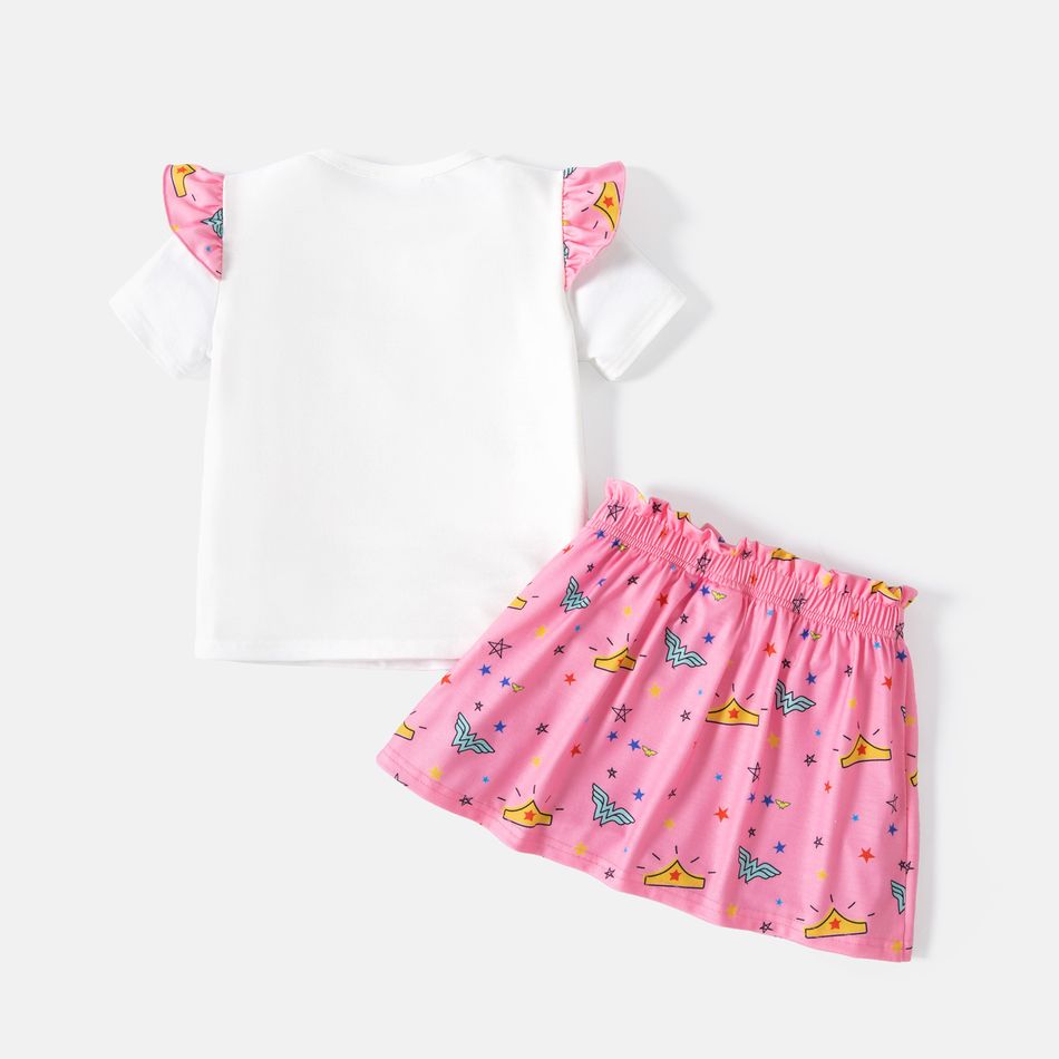 Wonder Woman 2pcs Toddler Girl Ruffled Short-sleeve White Tee and Bowknot Design Pink Skirt Set Pink big image 2