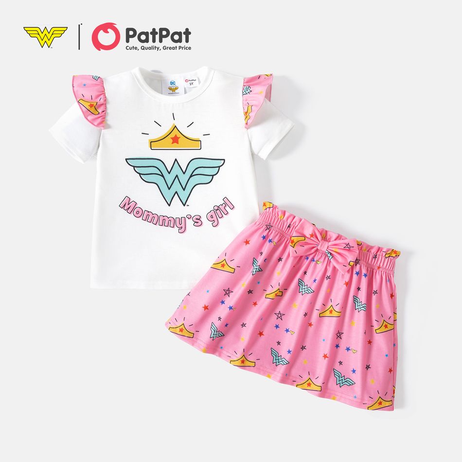 Wonder Woman 2pcs Toddler Girl Ruffled Short-sleeve White Tee and Bowknot Design Pink Skirt Set Pink