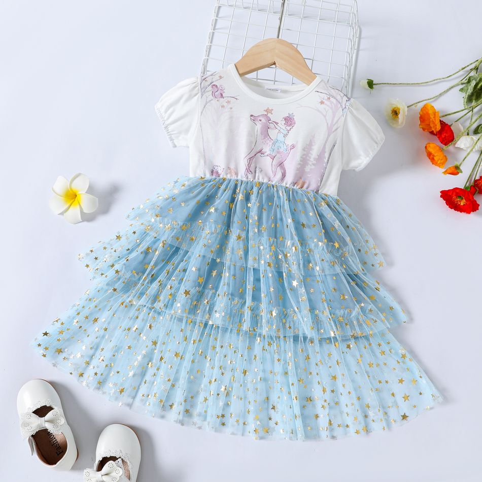 Dress Like Wind Toddler Girl 100% Cotton Deer Print Mesh Layered Short-sleeve Pink or Blue Dress Light Blue