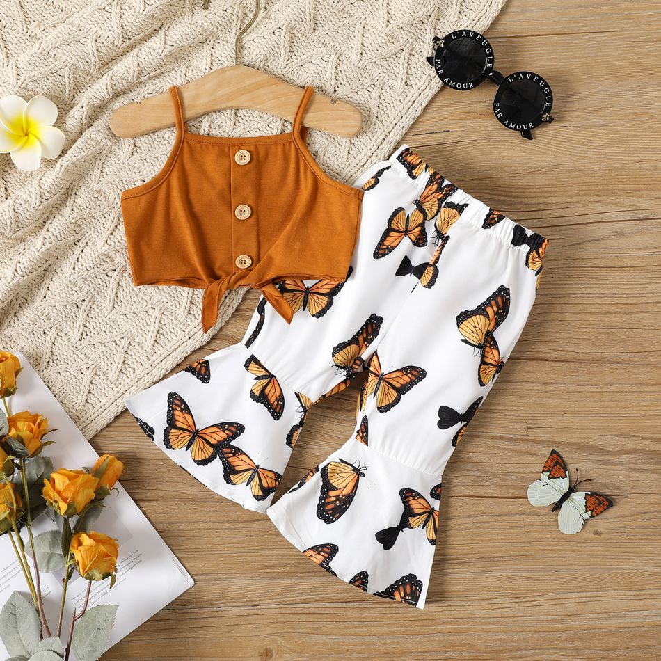 2pcs Baby Girl Button Front Self-tie Cami Crop Top and Allover Butterfly Print Flared Pants Set Color block