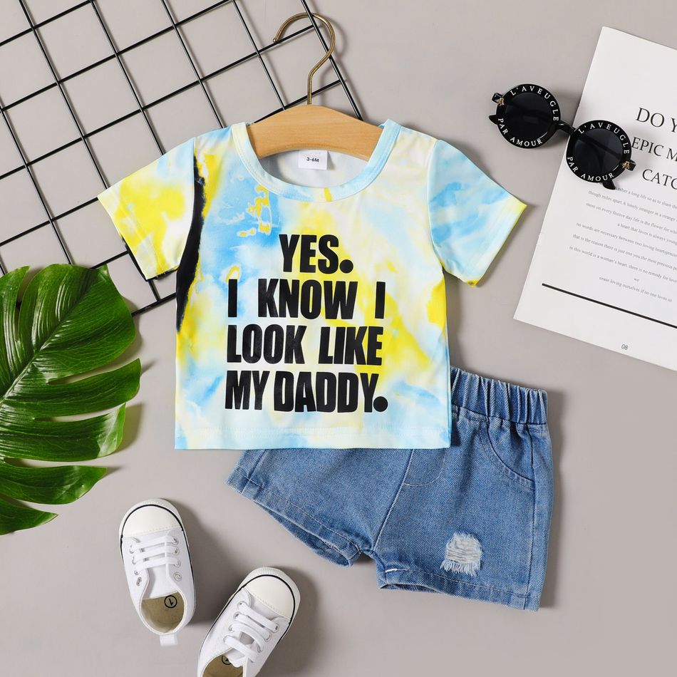 2pcs Baby Boy/Girl Letter Print Tie Dye Short-sleeve T-shirt and Ripped Denim Shorts Set Multi-color