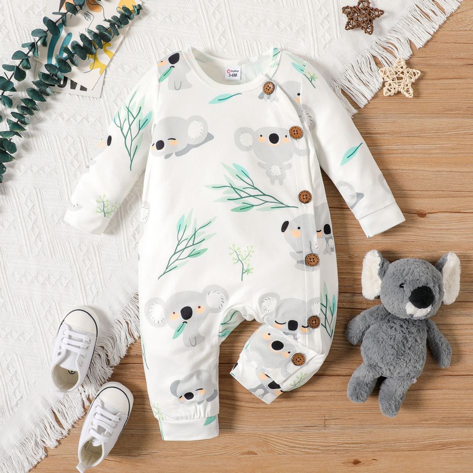 Baby Boy/Girl Button Front Allover Koala Print Long-sleeve Jumpsuit White big image 1