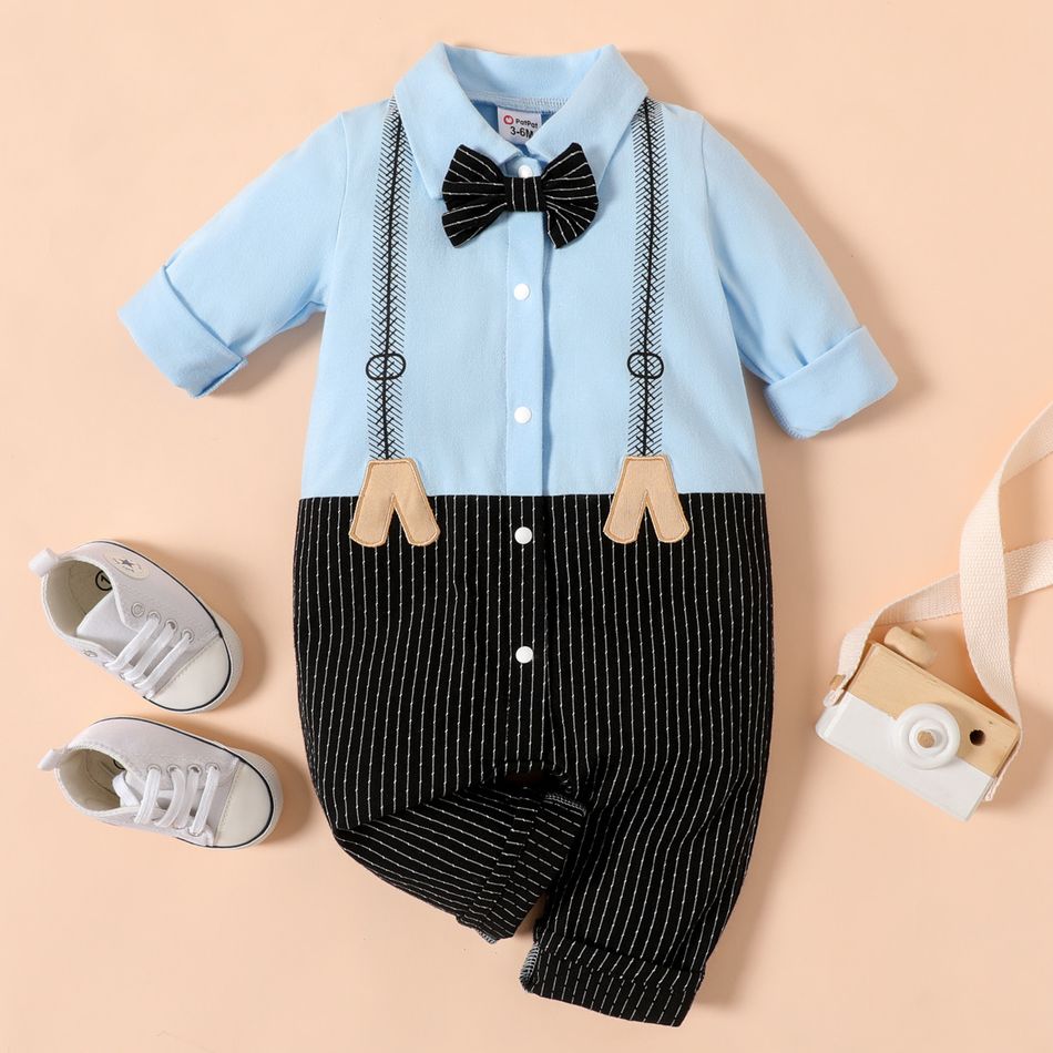 Baby Boy 95% Cotton Long-sleeve  Gentleman Bow Tie Decor Spliced Jumpsuit Color block