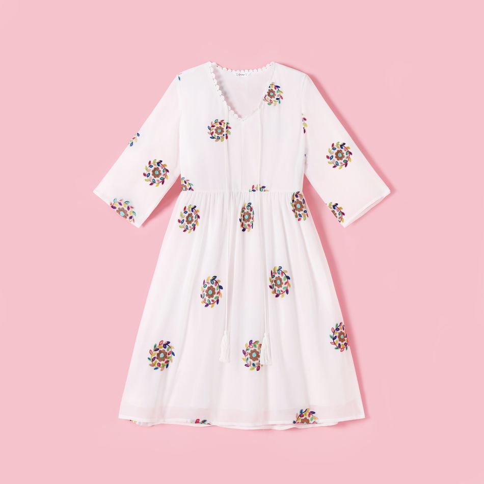 Allover Floral Embroidery White V Neck Half-sleeve Tassel Chiffon Dress for Mom and Me White big image 2