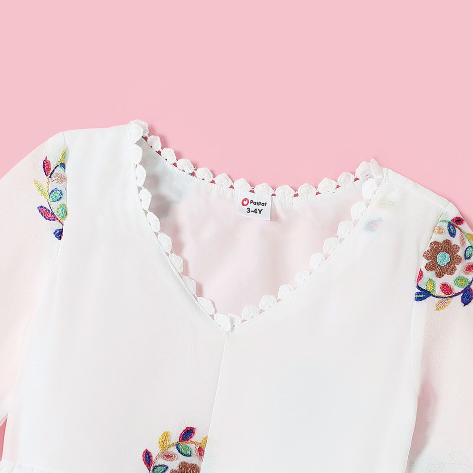 Allover Floral Embroidery White V Neck Half-sleeve Tassel Chiffon Dress for Mom and Me White big image 6