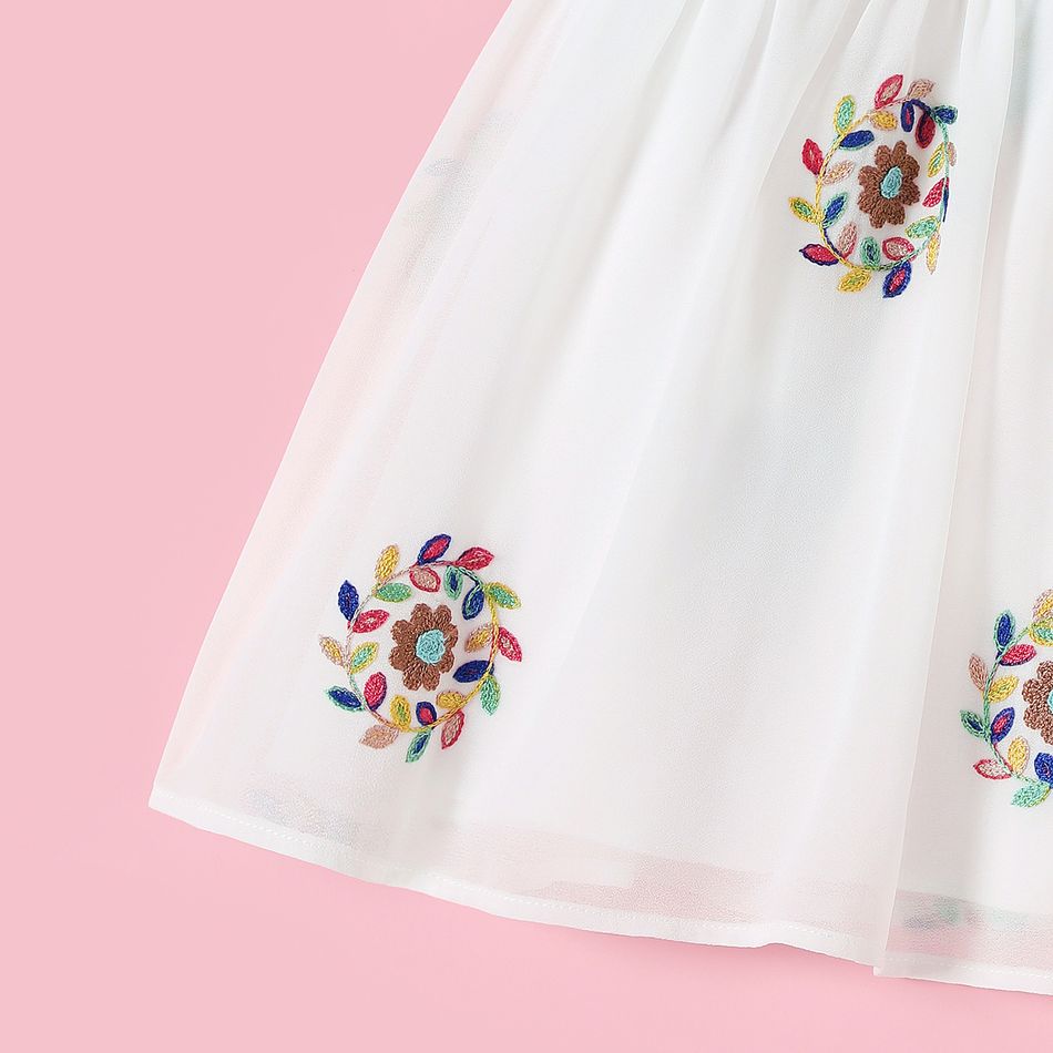Allover Floral Embroidery White V Neck Half-sleeve Tassel Chiffon Dress for Mom and Me White big image 4