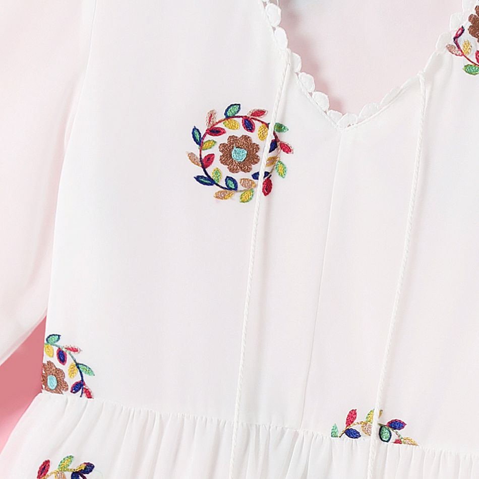 Allover Floral Embroidery White V Neck Half-sleeve Tassel Chiffon Dress for Mom and Me White big image 3