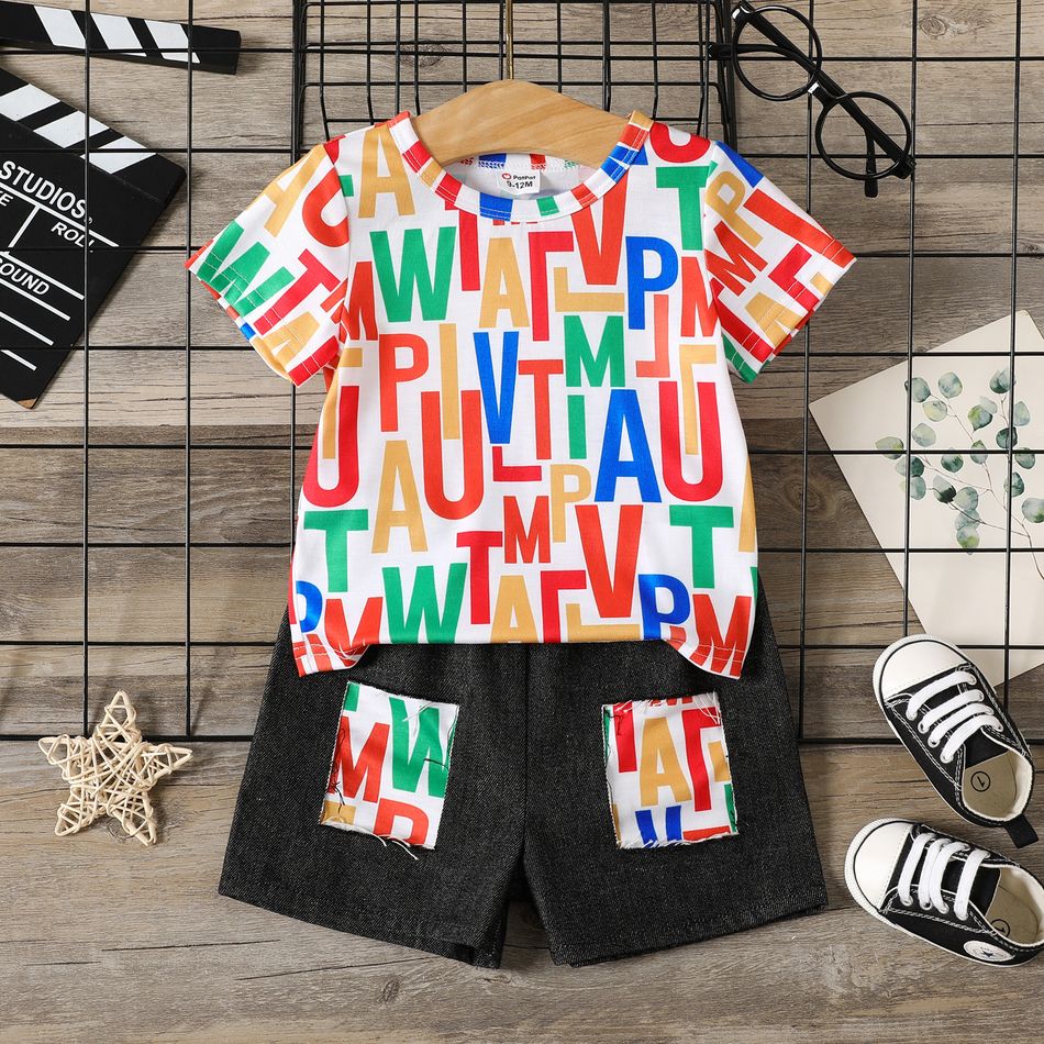 2pcs Baby Boy 100% Cotton Ripped Shorts and Allover Colorful Letter Print Short-sleeve T-shirt Set Colorful