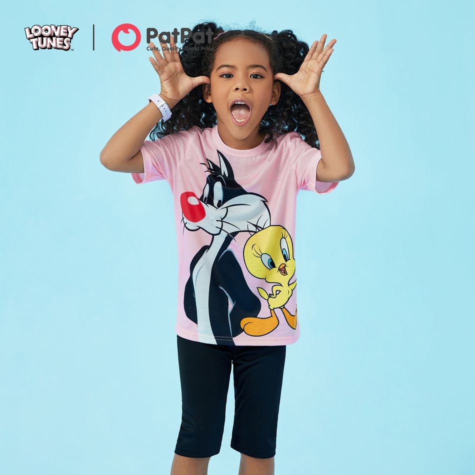 Looney Tunes 2pcs Kid Girl Animal Print Short-sleeve Pink Tee and Black Shorts Set Pink big image 11