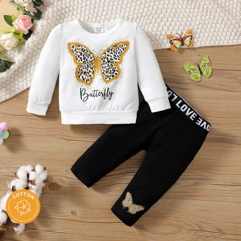2pcs Baby Girl 95% Cotton Long-sleeve Leopard Butterfly & Letter Print Sweatshirt and Pants Set White