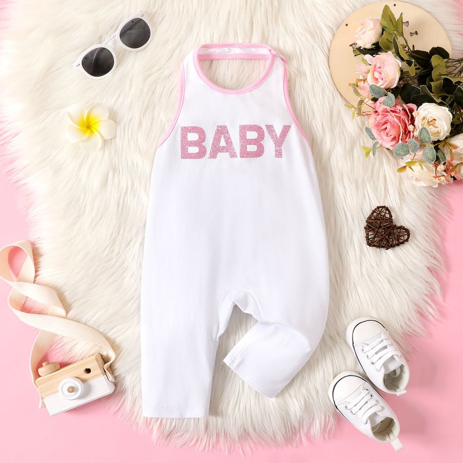 Baby Girl 95% Cotton Letter Print Halter Backless Sleeveless Jumpsuit White