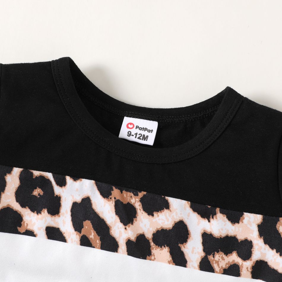 2pcs Baby Girl 95% Cotton Short-sleeve Leopard Colorblock T-shirt and Shorts Set Black big image 4
