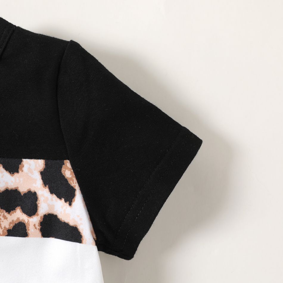 2pcs Baby Girl 95% Cotton Short-sleeve Leopard Colorblock T-shirt and Shorts Set Black big image 5