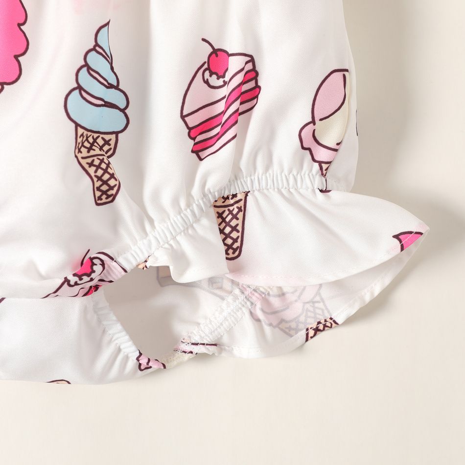 2pcs Baby Girl 100% Cotton Frill Trim Shirred Camisole and Allover Ice Cream Cone Print Shorts Set Pink big image 4