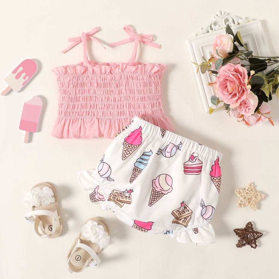 2pcs Baby Girl 100% Cotton Frill Trim Shirred Camisole and Allover Ice Cream Cone Print Shorts Set Pink
