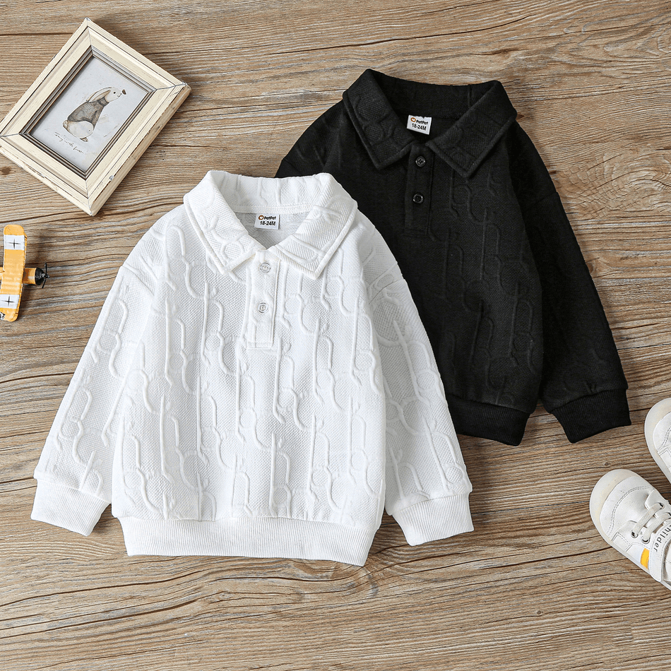 Toddler Boy Basic Polo Collar Textured Button Design Pullover Sweatshirt Black big image 6