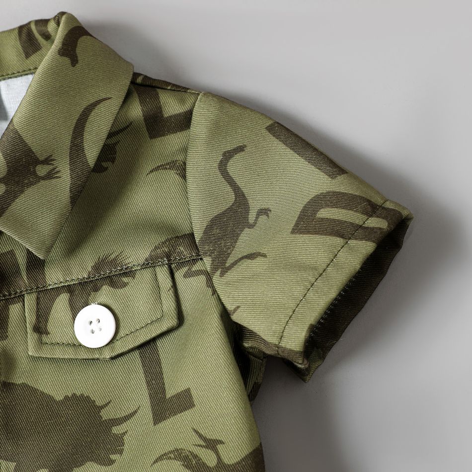 2pcs Baby Boy Allover Dinosaur Print Army Green Button Front Short-sleeve Shirt and Shorts Set Army green big image 4