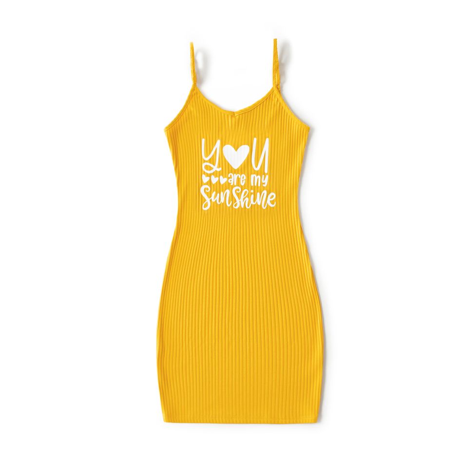 Love Heart & Letter Embroidered Yellow Rib Knit Bodycon Dress for Mom and Me Yellow big image 2