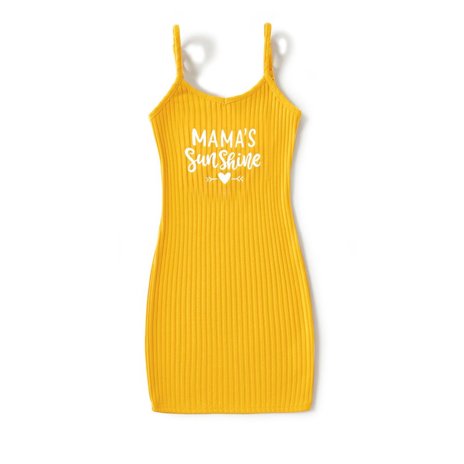 Love Heart & Letter Embroidered Yellow Rib Knit Bodycon Dress for Mom and Me Yellow big image 3