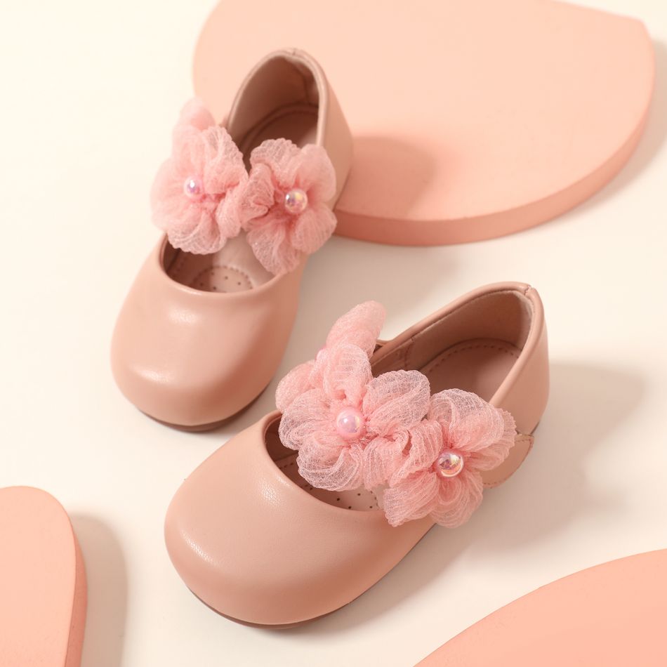 Toddler / Kid Faux Pearl Flower Decor Pink Flats Mary Jane Shoes Pink big image 2